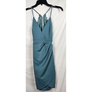 Windsor Teal Blue Lace Back Cutout V-Neck Wrap Tulip Mini Dress ND2641WD Small
